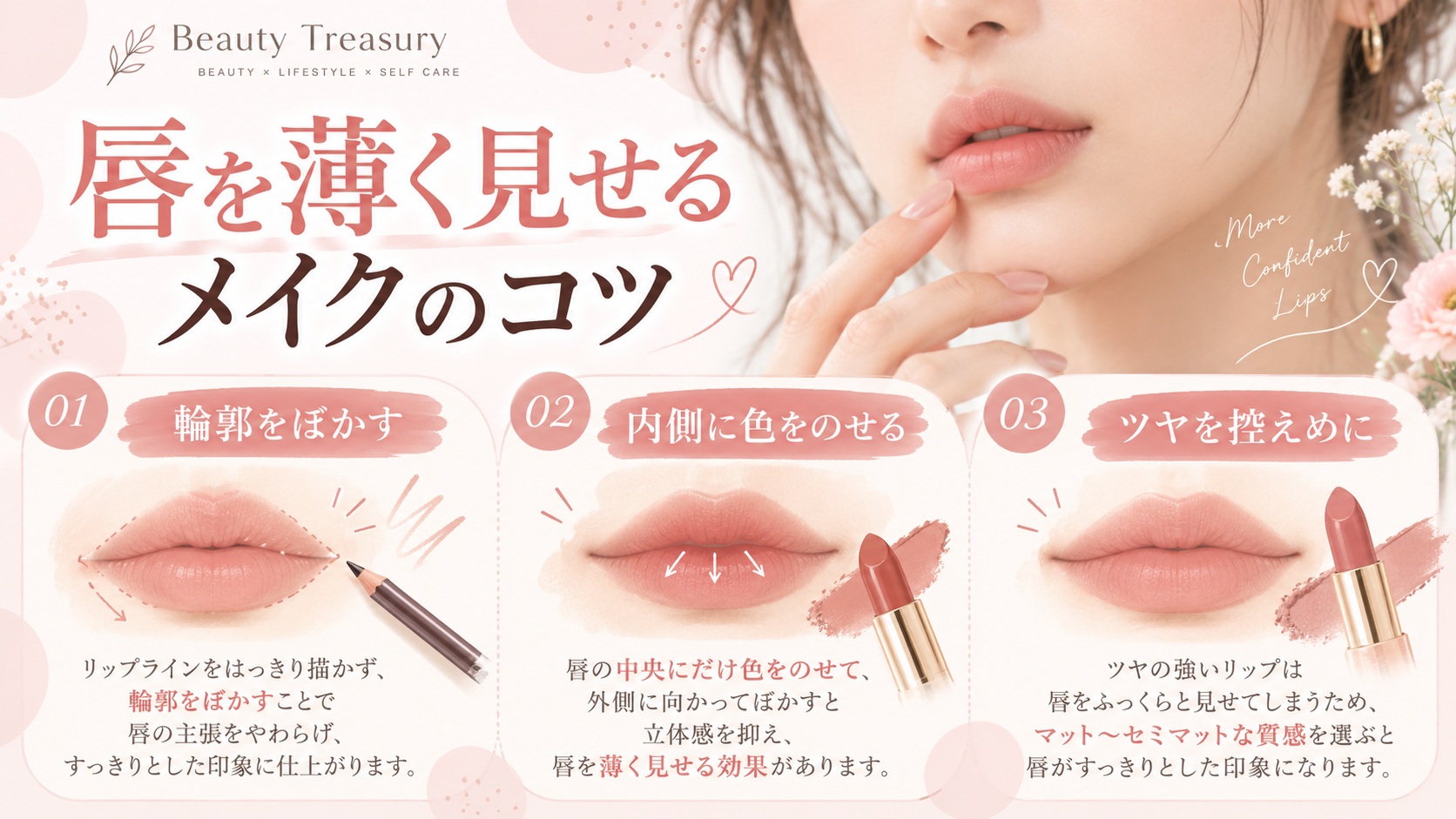 唇を薄く見せるメイクのコツ