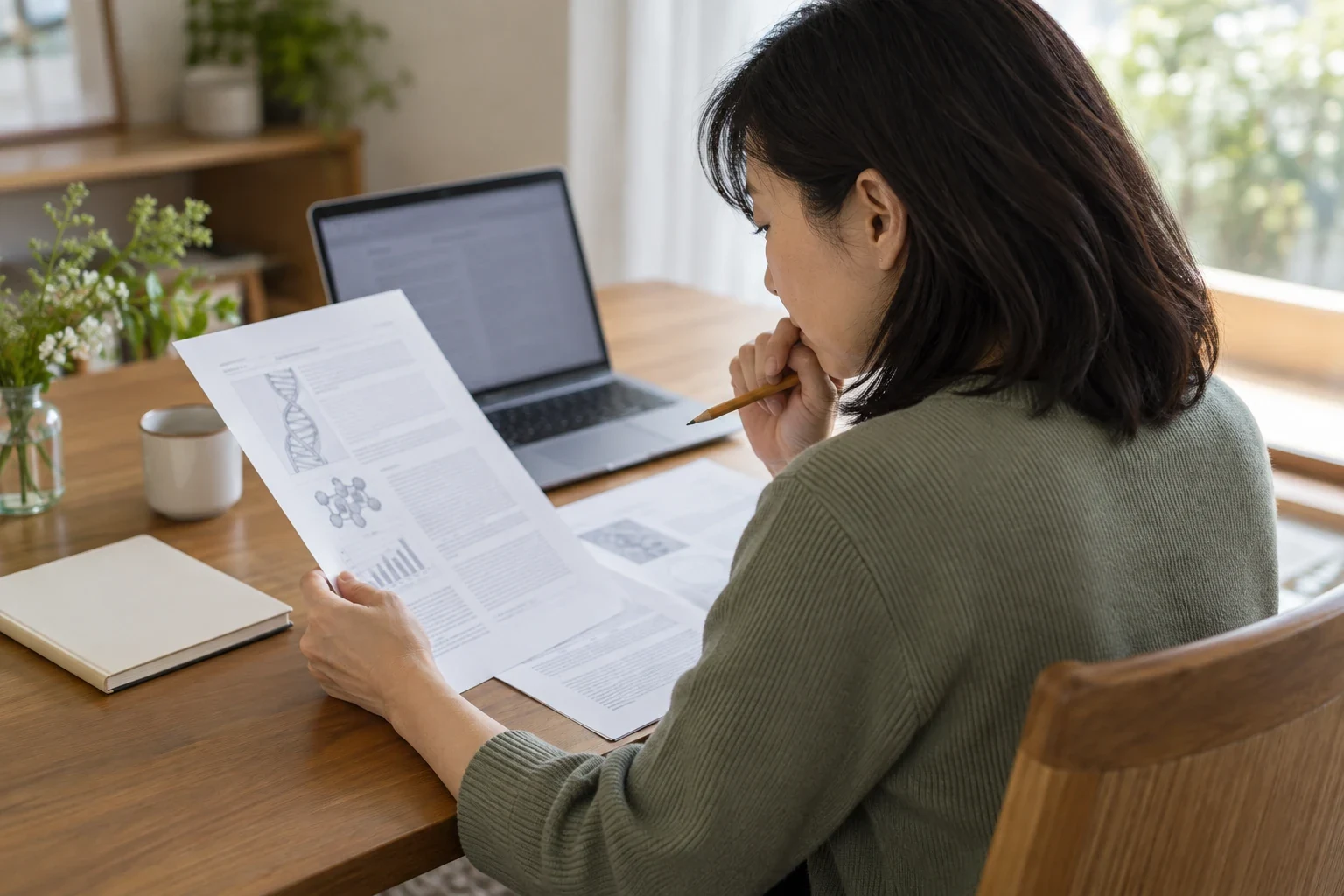 遺伝子検査に関する資料を読む40代女性