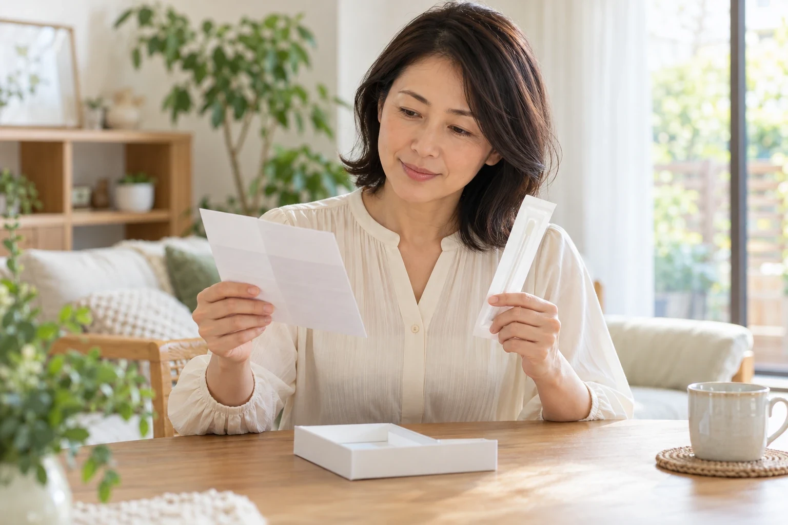 自宅用の遺伝子検査キットと説明書を確認する40代女性