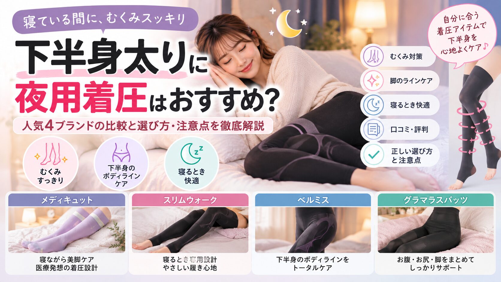 下半身太りにおすすめの夜用着圧レギンス・ソックス4ブランド比較記事のアイキャッチ画像